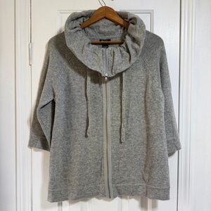 NWT evie Gray 100% Cashmere Knit drawstring cowl neck zip up sweater jacket 1X
